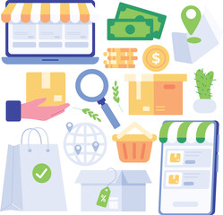 Shopping online. E-commerce and e-commerce. Flat illustration of shopping icons set for web design. Vector flat illustration
