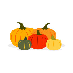 Cartoon Pumpkins, Orange, Red, Green, Isolated On White Background. Flat Vector Illustration