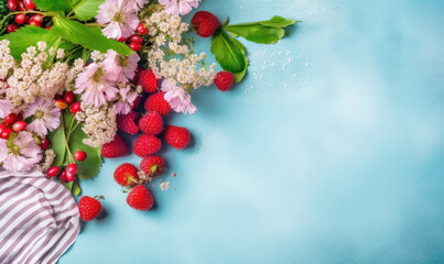 Vibrant berries and flowers against a blue backdrop