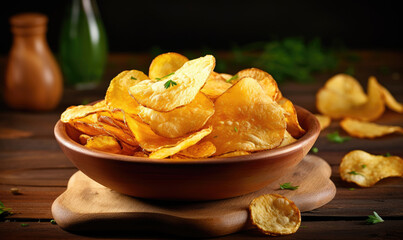 Golden potato chips in a wooden bowl