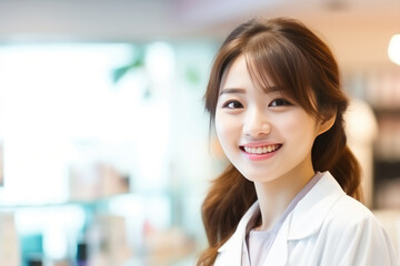 Fototapeta premium Beautiful Young Asian Woman Pharmacist . Сoncept Mentorship Inspiration For Women In Pharmacy, Women In Science Pharmacy Leadership, Global Perspectives In Pharmacy Practice
