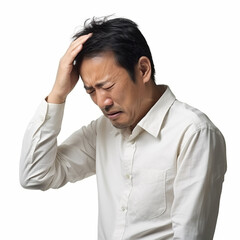asian man with headache. Expression of pain with hand on head. Advertising image with white isolated background,