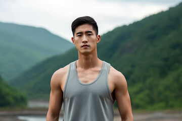 Fototapeta premium Sadness Asian Man In Gray Tank Top On Mountain Scenery Background. Сoncept Sadness, Asian Identity, Resonance Of Tank Top On Fashion, Mountain Scenery