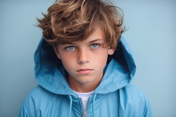 Sadness European Boy In Blue Jacket On Pastel Background. Сoncept Sadness, European Boy, Blue Jacket, Pastel Background
