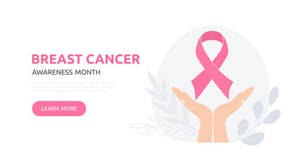 Breast Cancer awareness banner illustration. Hands with pink ribbon. Pink october month female healthcare campaign solidarity web template design. Vector illustration.