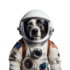 Portrait of Humanoid Anthropomorphic Dog Wearing White Astronaut Suit Isolated Transparent