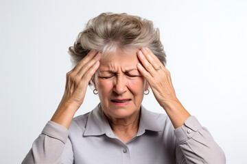 Older woman with headache. Caucasian Aspect.