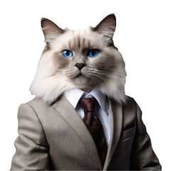 Portrait of Humanoid Anthropomorphic Ragdoll Cat Wearing Gray Businessman Suit Isolated Transparent