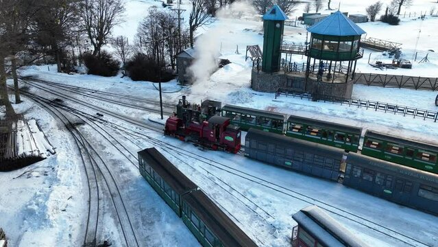 Train Station At Ushuaia Tierra Del Fuego Argentina. Train Station Ushuaia Tierra Del Fuego. Mountain Frozen Lake Wild Mountains. Wild Forest Trees Wild Lagoon Nature.