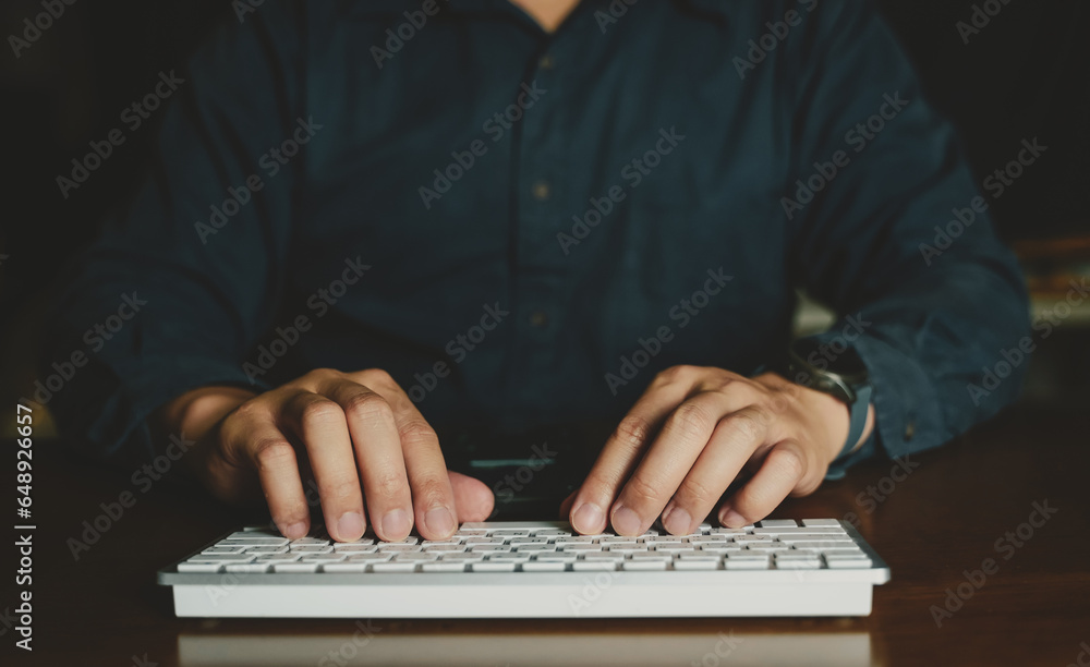 Poster close up of business people using keyboard of computer on working table, typing keyboard, finger, wo
