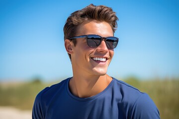 Portrait of a Fictional Male Model Wearing Sunglasses and Smiling Outside. Generative AI.