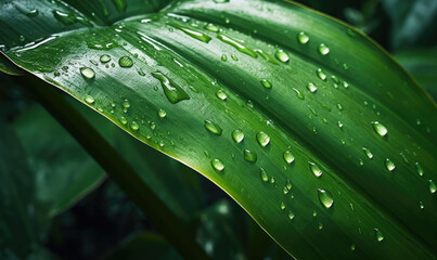 Leaves macro of wallpaper. Wet tropical plant background. For banner, postcard, book illustration.