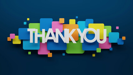 Fototapeta premium 3D render of THANK YOU typography with colorful squares on dark blue background