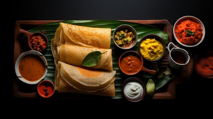 A plate of Indian crispy dosas with coconut chutney and sambar, south indian breakfast - obrazy, fototapety, plakaty