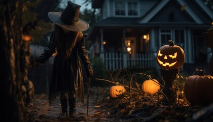 Photo of a person in a witch costume with carved pumpkins in front of a spooky house