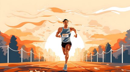 Witness an epic sunset marathon victory in this digital comic book-style illustration. - obrazy, fototapety, plakaty