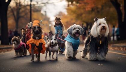 Photo of a pack of dogs strolling through a neighborhood street