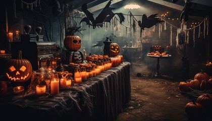 Photo of a festive table adorned with an abundance of pumpkins and flickering candles