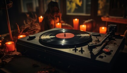 Photo of a vintage record player surrounded by flickering candles