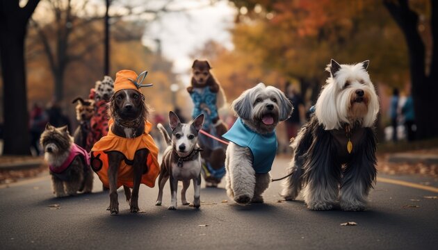 Photo of a pack of dogs strolling through a neighborhood street