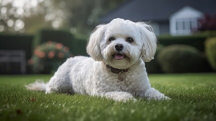 playful white miniature schnauzer dog on the grass, at the park, in the yard