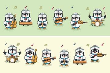 Vector Illustration of Cute Penguin sailors Music Band. Big set of cute Animal cartoon in professions. Penguin Cartoon flat style.