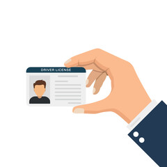 Hand holding driver license icon in flat style. Id card vector illustration on isolated background. Person document sign business concept.