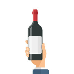 Hand holding wine bottle icon in flat style. Alcohol drink vector illustration on isolated background. Champagne beverage sign business concept.