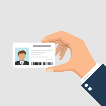 Hand holding driver license icon in flat style. Identification document vector illustration on isolated background. Profile card sign business concept.