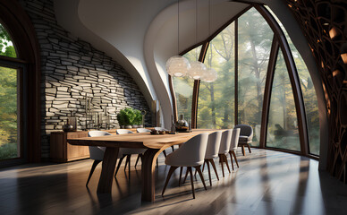 Dining room with abstract wood lining high ceilings lined with abstract wood in a curved pattern and paneling walls. Minimalist scandinavian interior design of modern dining room. - obrazy, fototapety, plakaty