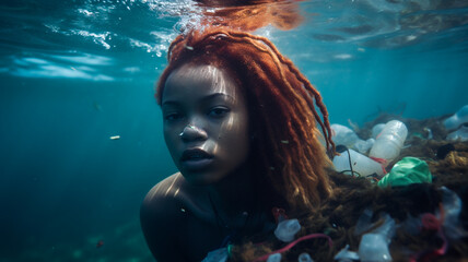 Young mermaid caught in the underwater marine pollution, victim of the impact from plastic and trash. Gothic trashpunk style of the ocean crisis. Vibrant depiction.