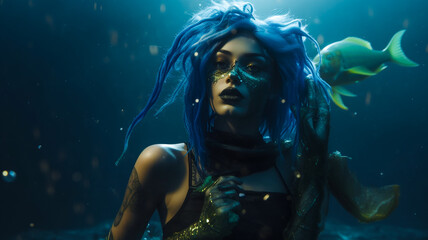Young mermaid caught in the underwater marine pollution, victim of the impact from plastic and trash. Gothic trashpunk style of the ocean crisis. Vibrant depiction.