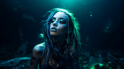 Fototapeta premium Young mermaid caught in the underwater marine pollution, victim of the impact from plastic and trash. Gothic trashpunk style of the ocean crisis. Vibrant depiction.