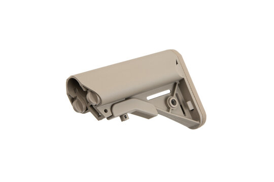 Modern plastic adjustable stock in FDE color. Replaceable part of the gun. Isolate on a white back