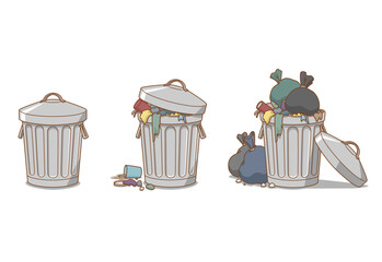 Vector illustration of empty trash can, full trash can, and overflowing trash can.