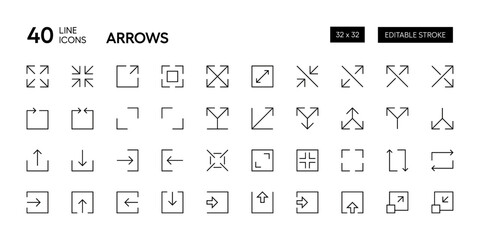 Interface arrow editable stroke outline icons. Zoom, scaling, increase, decrease, expand, share, upload, download, exit, full screen. Pixel Perfect. 32x32 grid base.