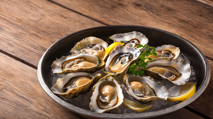 Fototapeta premium An artful arrangement of fresh oysters and lemon slices showcased on a metal tray, set against the backdrop of a rustic wooden table.