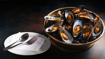 Boiled mussels.Portion of steamed mussels served on table.