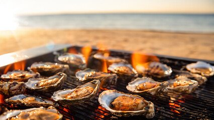 Mussels grilling on a stove, mouthwatering, by the beach , Delicious mussels being grilled on a stove by the beach, creating a mouthwatering seaside culinary delight.