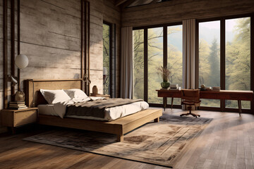 Farmhouse interior design of modern bedroom, generative AI