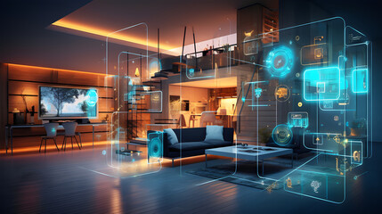 Concept Interior illustration of smart home with artificial intelligence concept. Future of home living  - obrazy, fototapety, plakaty
