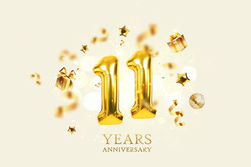 Gold festive balloons 11 years anniversary with golden confetti, presents, mirror ball and stars...