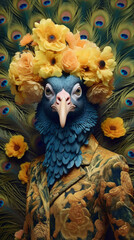 face woman bird jungle beautiful peacock color beauty glamour fashion young. Generative AI.