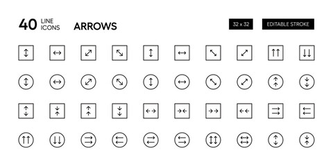 Forward, backward, swipe, sort, scaling icon collection. Arrows editable outline vector icon set. Pixel Perfect. 32 x 32 Grid base.