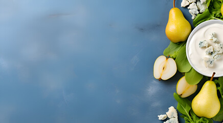 Pear and blue cheese banner with copy space. Whole and halfed pears and pices of blue cheese on light blue concrete background. Healthy eating concept. Vegetarian snacks - obrazy, fototapety, plakaty