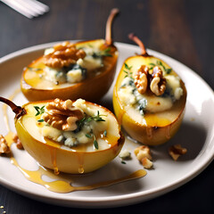 Baked pear. Pear baked with blue cheese, honey and walnuts served on a white plate on a dark background. Pear and blue cheese appetizer or dessert. Gourmet dish concept - obrazy, fototapety, plakaty