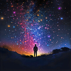 Fototapeta premium silhouette of man looking up to colorful night sky.AI generated