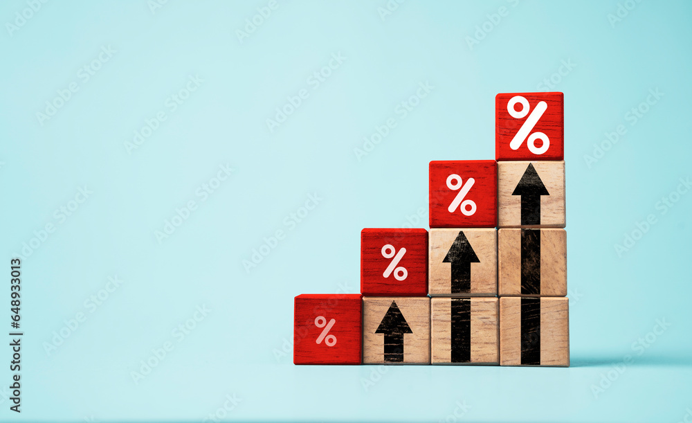 Poster white percentage sign symbol print screen on red block cube and up arrow for financial interest rate