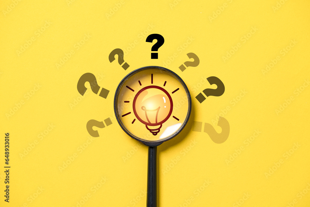 Poster glowing lightbulb inside of black magnifier glass and question mark for focus and concentrate of pro