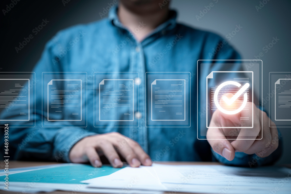 Poster Businessman touching to virtual document for ISO quality control certification and project approval concept.